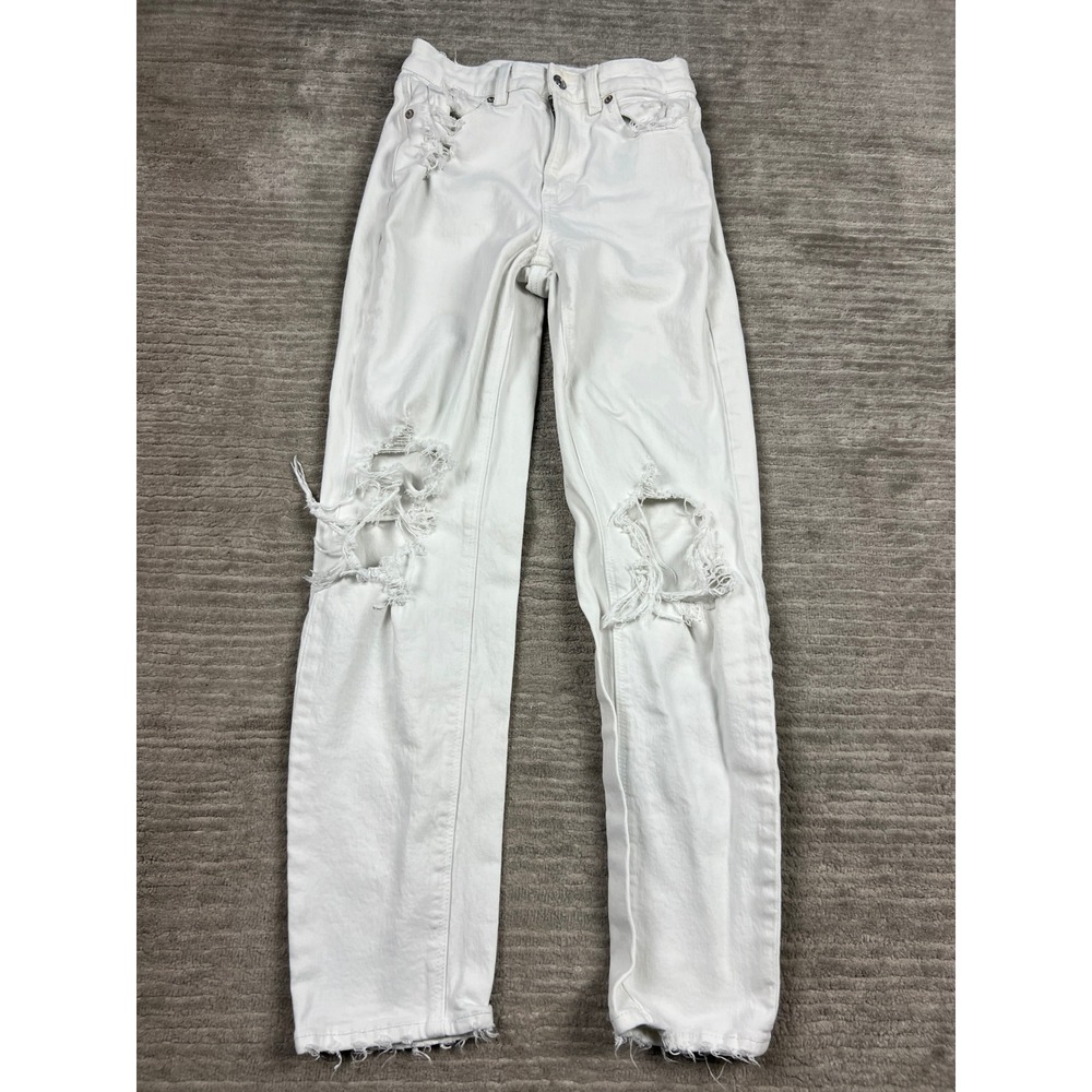 American Eagle Jeans Womens 0 White Mom Straight Distressed Ripped High Rise